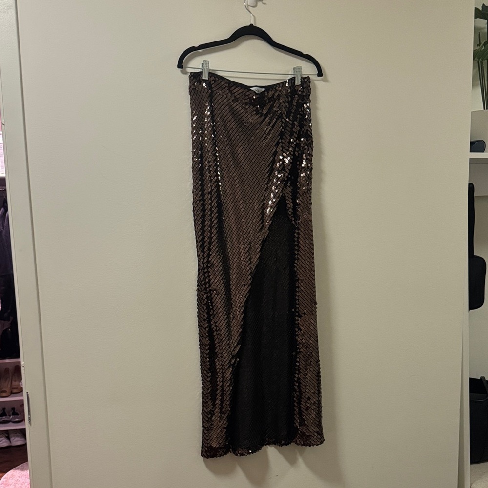 TALULAH Brown Sequin Maxi Skirt with Slit